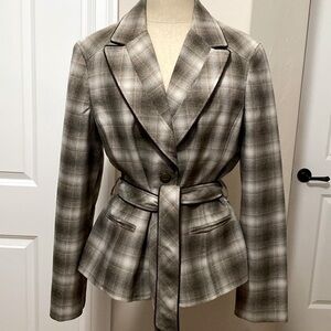 SIGNATURE Plaid Brown Jacket Blazer Womens L belted Pockets Preppy Y2K